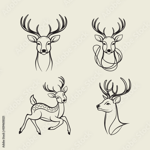 A drawing of a deer with antlers. Deer Silhouette with a beige background.