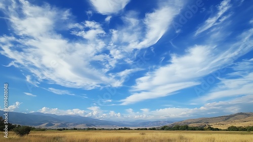 Vast Blue Sky Over Rolling Hills and Golden Fields. AI Generated