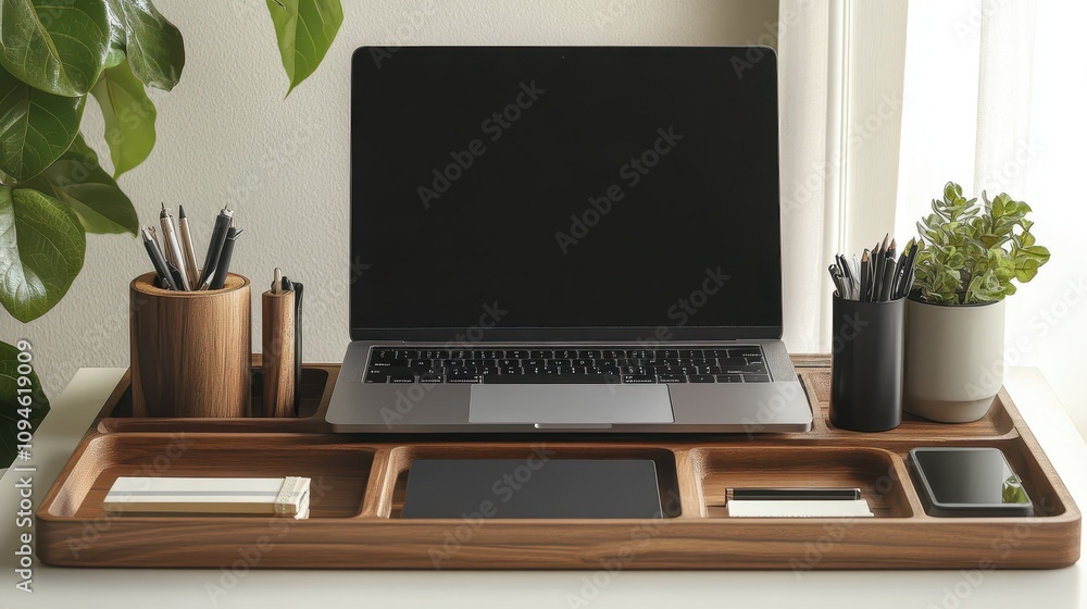 A laptop sits on a wooden tray with a potted plant next to it A laptop sits on a wooden tray with a potted plant next to it