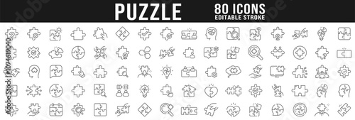 Set of puzzle line icons big set. Jigsaw, fit, solve, piece, idea, team etc. Editable stroke