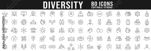 Diversity line icon pictogram big set. Variety, equality, acceptance, difference etc. Editable stroke
