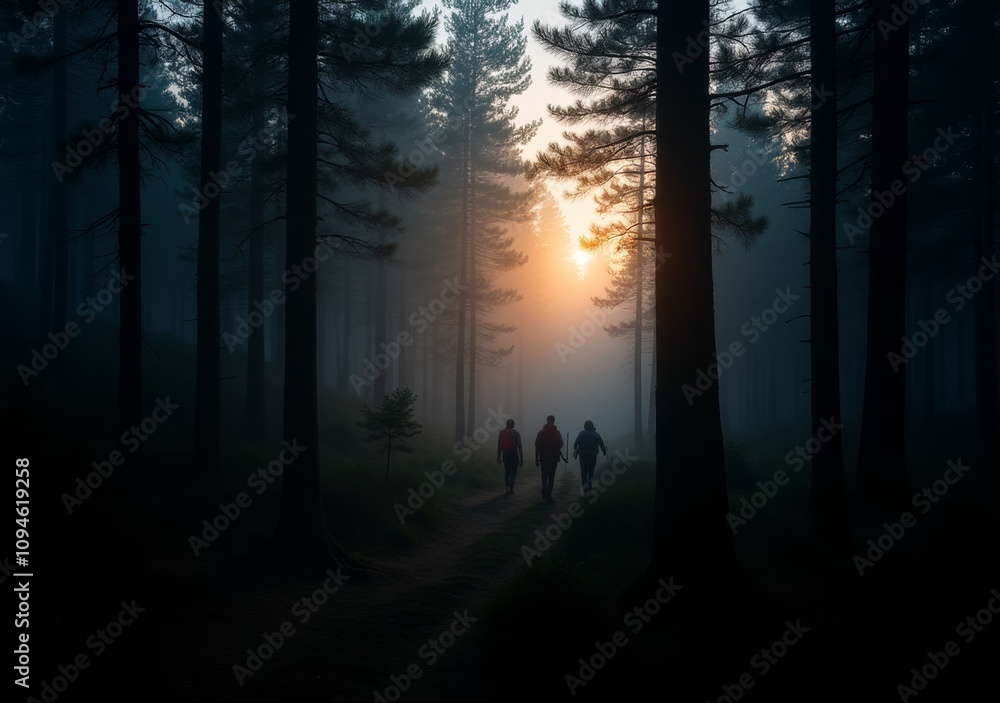 Fototapeta premium Sunset hike through a misty forest setting with two individuals on a tranquil trail