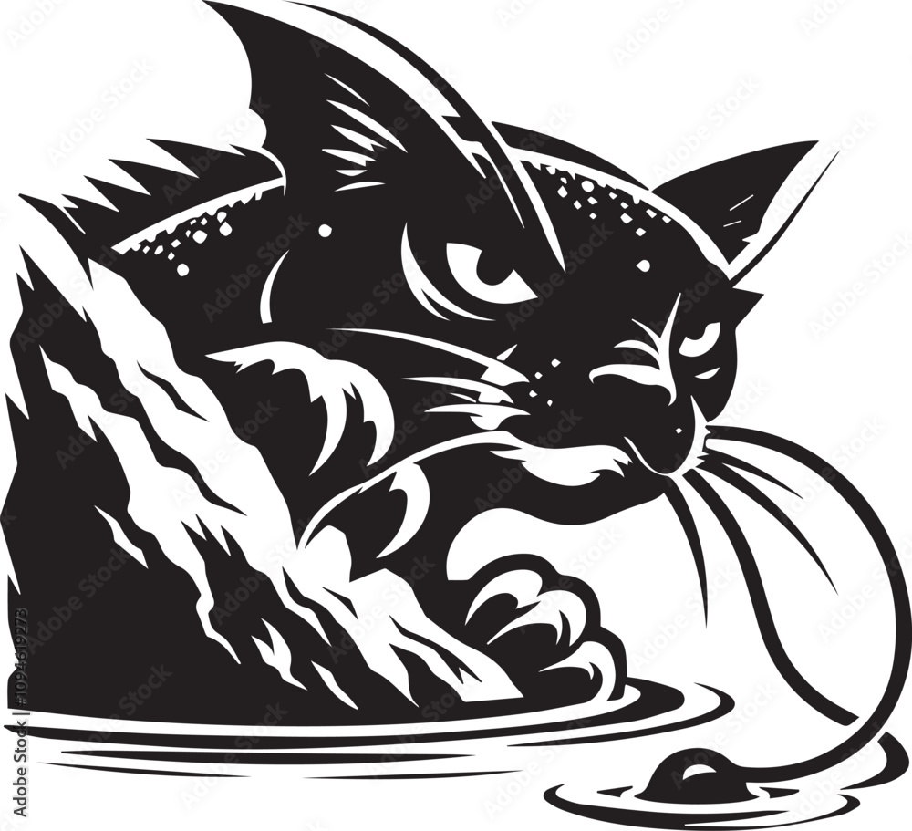 Obraz premium Sneaky catfish peeking from behind a rock vector silhouette