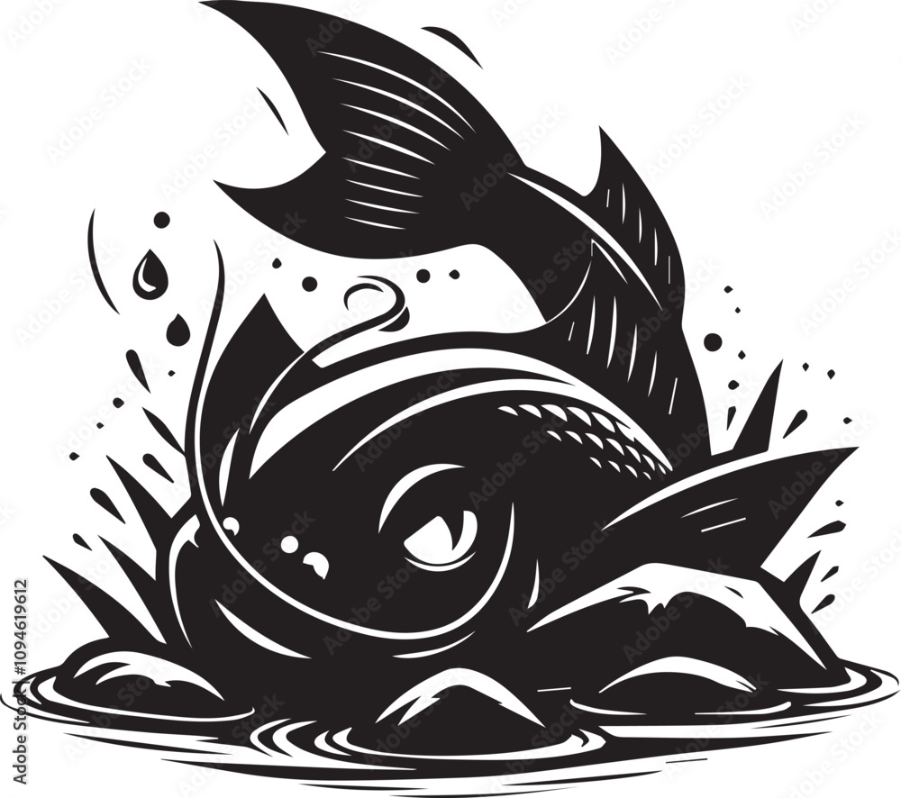 Sneaky catfish peeking from behind a rock vector silhouette Sneaky catfish peeking from behind a rock vector silhouette