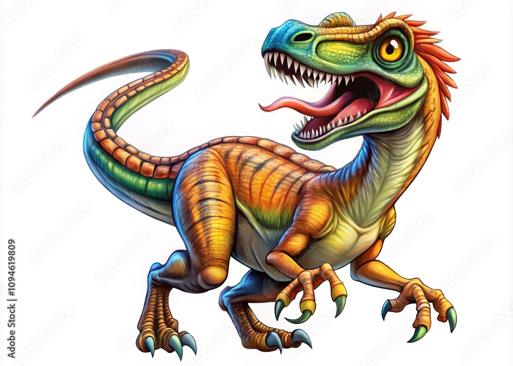 Fototapeta premium Dynamic hand-drawn velociraptor cartoon, perfect for children's literature and educational materials. Exciting visuals capture curiosity, fostering learning through