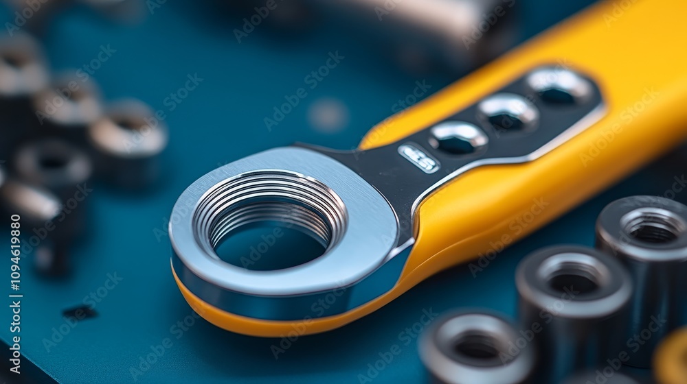 Close-up of a Yellow Wrench with Assorted Nuts and Bolts Close-up of a Yellow Wrench with Assorted Nuts and Bolts
