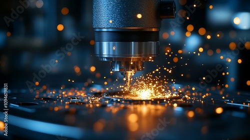 Close-up of a CNC machine cutting metal with sparks flying photo