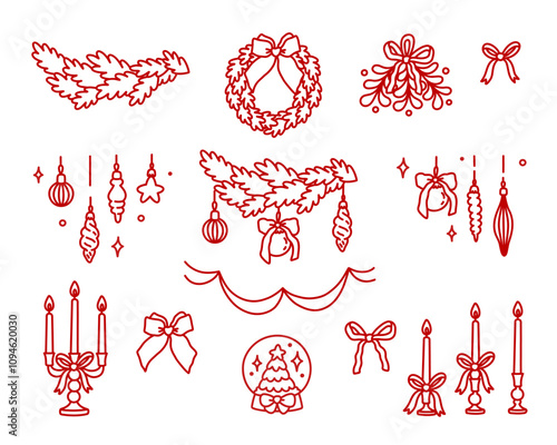 New Year set of hand-drawn elements. Christmas tree garland, wreath, omela, beautiful candles, candelabrum, Christmas vintage toys, coquette cute bow, ribbon, stars. Holiday clip art