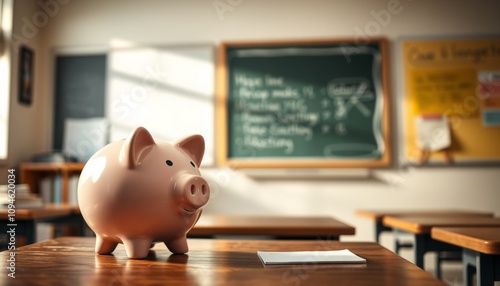 Piggy bank placed on a classroom desk with chalkboard in the background during a sunny afternoon