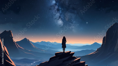 illustration of a view of a girl on top of the mountains.