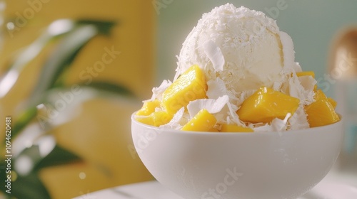 Delicious mango coconut dessert kitchen food photography bright atmosphere close-up sweet treats for summer