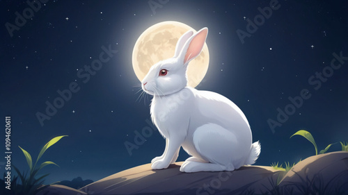 illustration of a cute rabbit scene at night, with a bright moon.