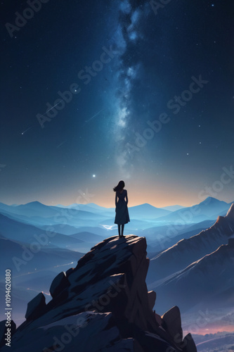 potrait a girl on top of the mountain illustration, sadly theme