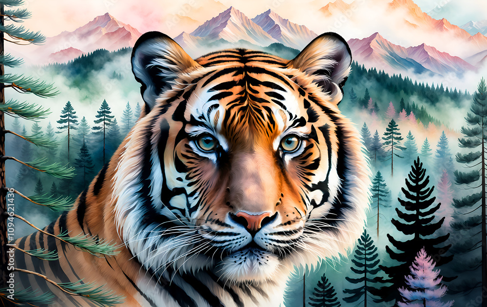 Naklejka premium Creative photo poster with double exposure with icon of tiger