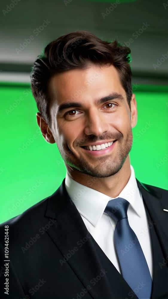 A handsome young professional businessman smiling confidently with a friendly and approachable demeanor. He is dressed in a sharp suit with a neatly pressed shirt and tie. Green screen or Chroma key A handsome young professional businessman smiling confidently with a friendly and approachable demeanor. He is dressed in a sharp suit with a neatly pressed shirt and tie. Green screen or Chroma key