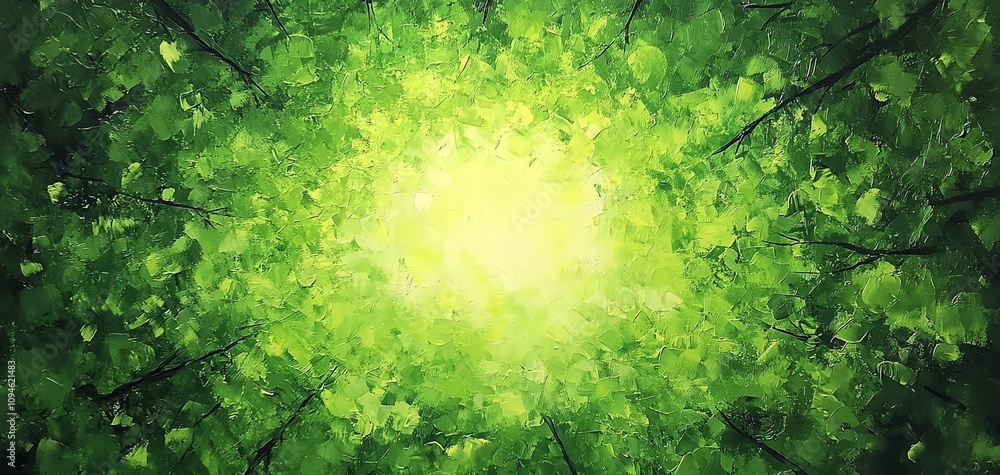 Sunlight streams through a vibrant canopy of lush green leaves, creating a breathtaking forest scene. Sunlight streams through a vibrant canopy of lush green leaves, creating a breathtaking forest scene.