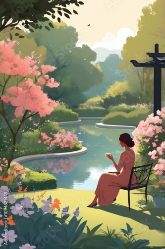 potrait a girl in the park illustration.