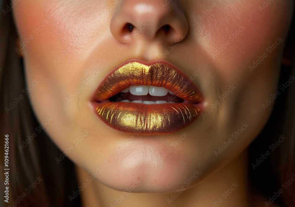 Stunning model showcases bold metallic lip art at a fashion event in a high-end studio setting Stunning model showcases bold metallic lip art at a fashion event in a high-end studio setting
