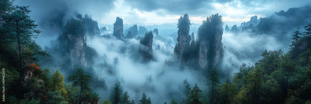 Forest view, landscape of the mystical mountains with tall rock formations and lush greenery. Forest view, landscape of the mystical mountains with tall rock formations and lush greenery.