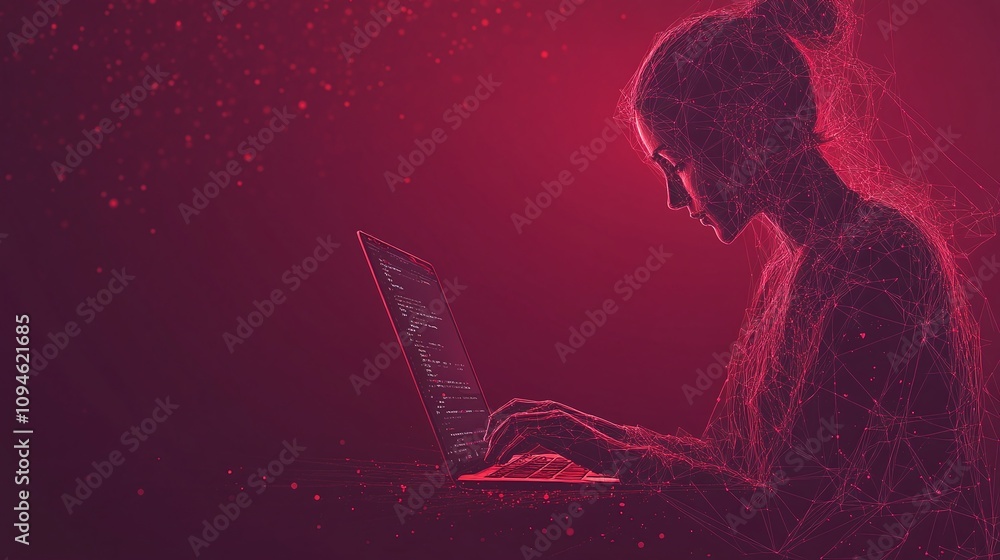 Abstract polygonal image of a person using a laptop computer in a dark, red-hued setting, symbolizing technology and innovation Abstract polygonal image of a person using a laptop computer in a dark, red-hued setting, symbolizing technology and innovation
