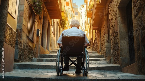 An elderly man in a wheelchair facing a staircase in an urban alleyway, symbolizing challenges and accessibility issues in daily life