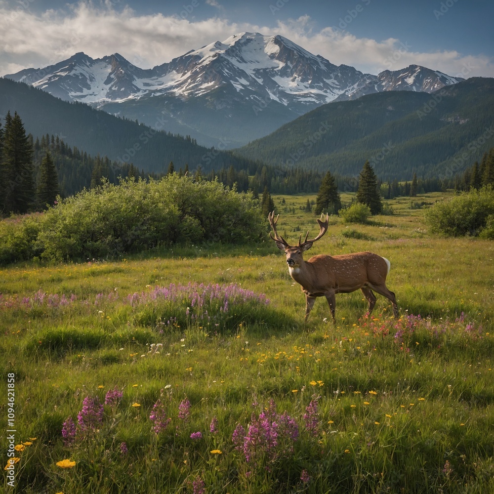 A picturesque meadow with deer grazing, wildflowers in bloom, and a towering mountain range in the background. A picturesque meadow with deer grazing, wildflowers in bloom, and a towering mountain range in the background.