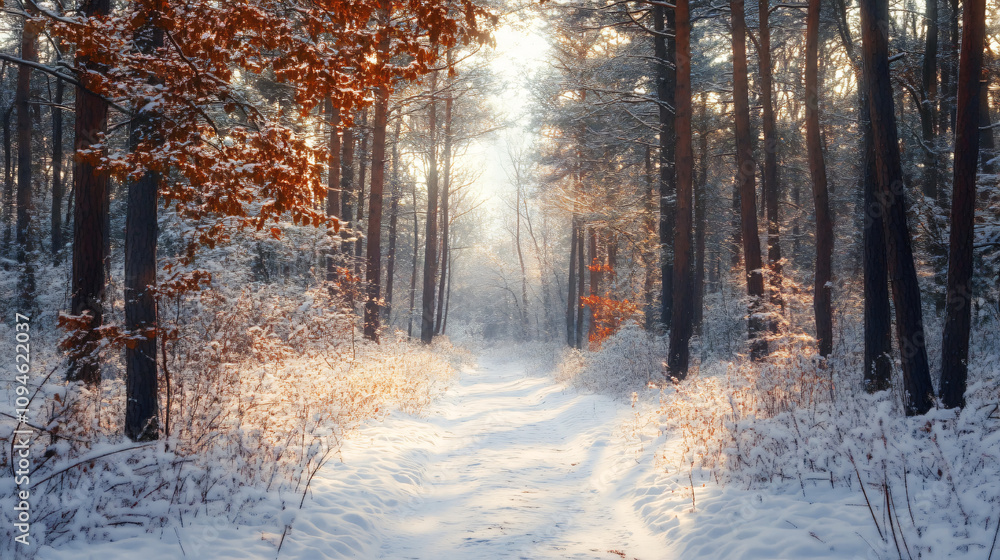 A digital artwork depicting a forest covered in snow with a narrow path leading through the trees, bathed in soft winter light. A digital artwork depicting a forest covered in snow with a narrow path leading through the trees, bathed in soft winter light.