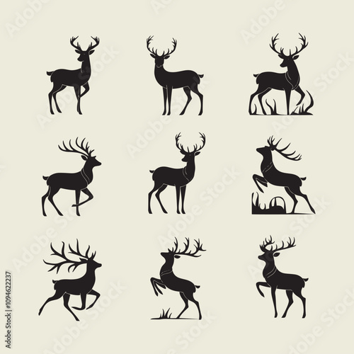 A drawing of a deer with antlers. Deer Silhouette with a beige background.