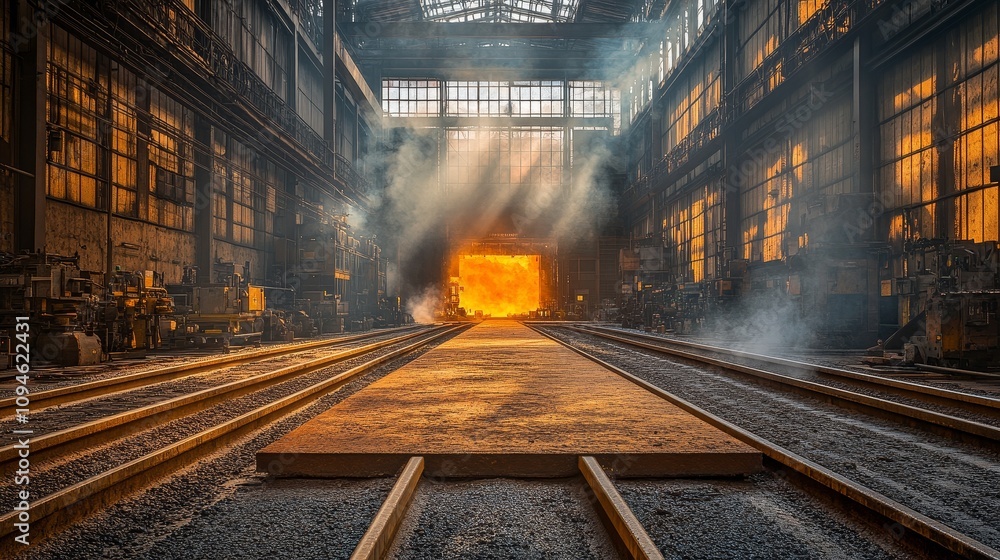 Obraz premium Industrial Interior with Glowing Furnace and Sunbeams