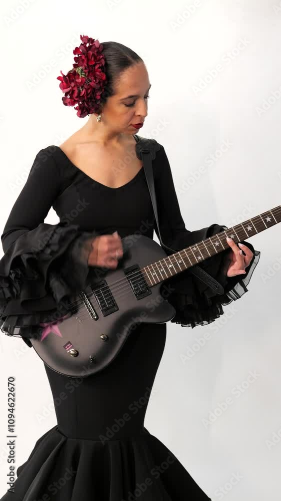 Spanish flamenco woman playing electric guitar on white background Spanish flamenco woman playing electric guitar on white background