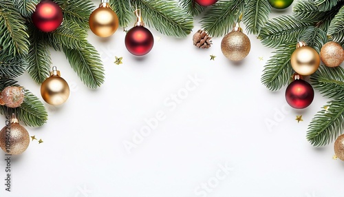  Christmas decorations with tree branches and baubles frame isolated on white background