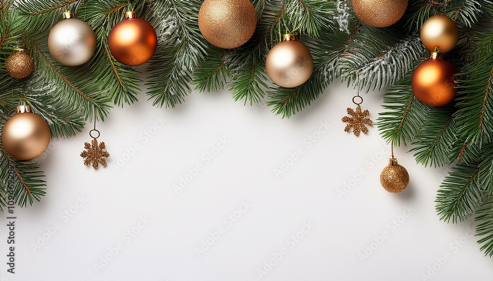 Christmas decorations with tree branches and baubles frame isolated on white background Christmas decorations with tree branches and baubles frame isolated on white background