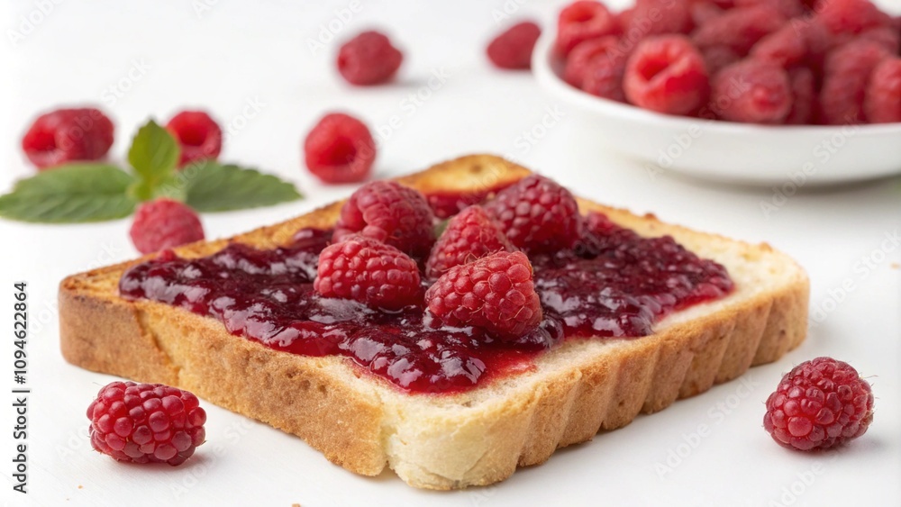 Raspberry jam on toast with raspberry berries and mint leaves isolated on white background. Macro food photography Raspberry jam on toast with raspberry berries and mint leaves isolated on white background. Macro food photography