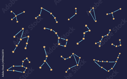 Night sky constellations with star patterns on dark blue background.