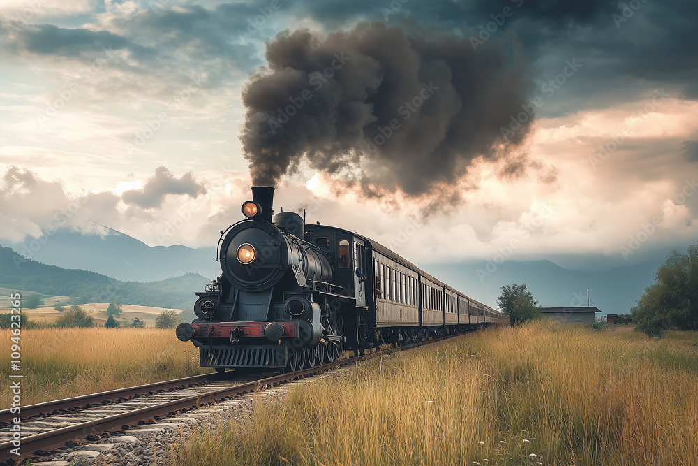 Fototapeta premium Retro train chugging along a scenic route through the countryside. Generative AI