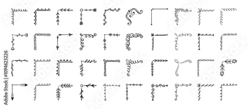 Doodle hand drawn corner border set with different shapes. Flourish, flower decoration. Isolated vector illustration for wedding, greeting banner design. sketch style Corners drawn by brush, pen.