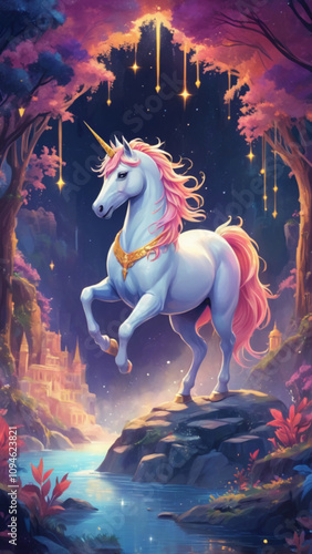 The image features a unicorn depicted in a cheerful, colorful manner, combining elements of fantasy and adventure, and illustrated in a cartoon style.