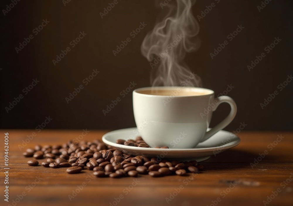 Delicious cup of steaming coffee and fresh coffee beans on wooden table during morning light Delicious cup of steaming coffee and fresh coffee beans on wooden table during morning light