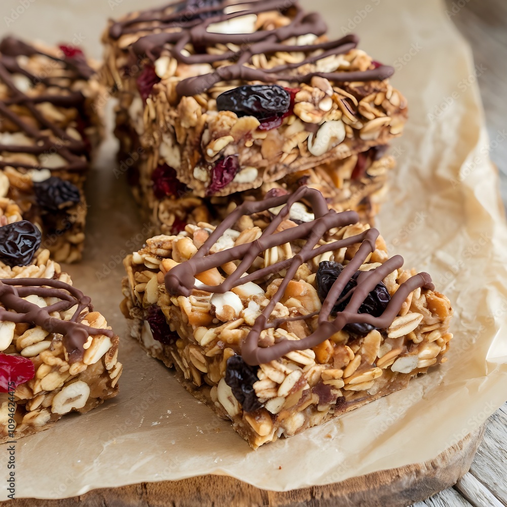 Homemade granola bars with oats, nuts, and dried fruit drizzled with chocolate, served on parchment paper with wooden backdrop Homemade granola bars with oats, nuts, and dried fruit drizzled with chocolate, served on parchment paper with wooden backdrop
