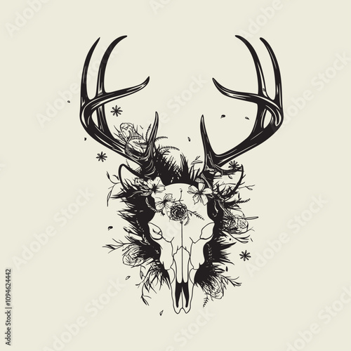 A drawing of a deer with antlers. Deer Silhouette with a beige background.