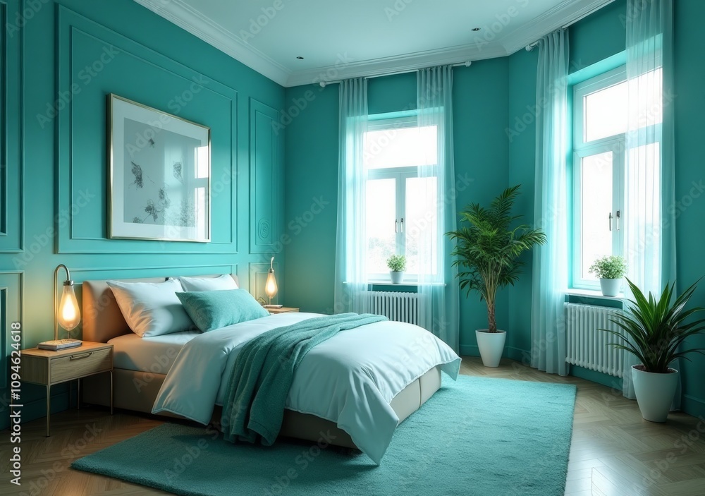 Modern bedroom featuring turquoise walls and natural light with elegant decor and plants Modern bedroom featuring turquoise walls and natural light with elegant decor and plants