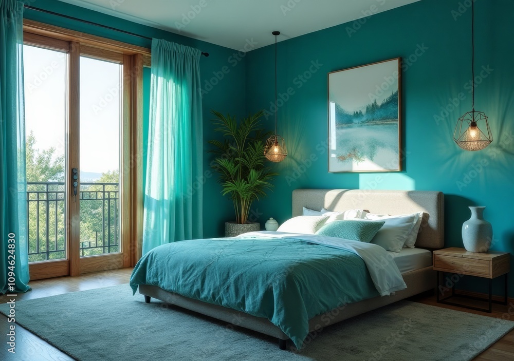 Bright and inviting bedroom with teal decor and natural light from large windows Bright and inviting bedroom with teal decor and natural light from large windows