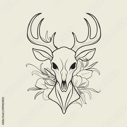 A drawing of a deer with antlers. Deer Silhouette with a beige background.
