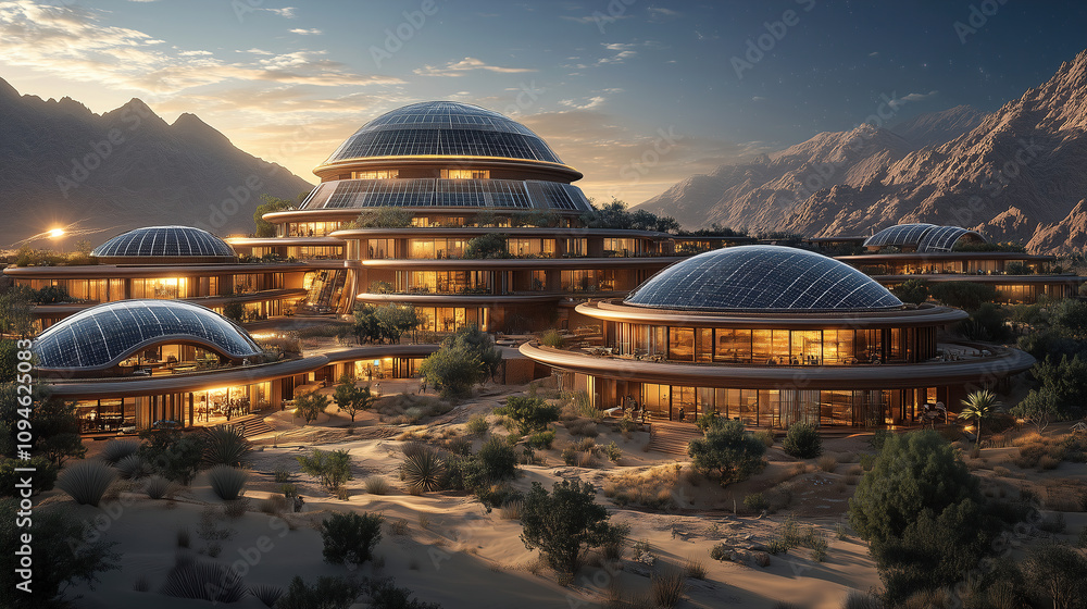 Obraz premium Modern eco-friendly architecture blends with desert landscape at sunset in a sustainable complex. Generative AI