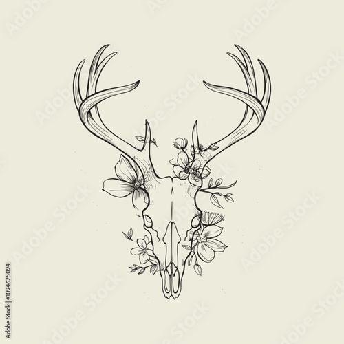 A drawing of a deer with antlers. Deer Silhouette with a beige background.