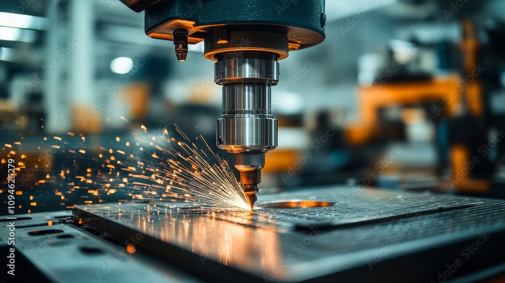 Close-up of a CNC machine cutting metal with sparks flying Close-up of a CNC machine cutting metal with sparks flying