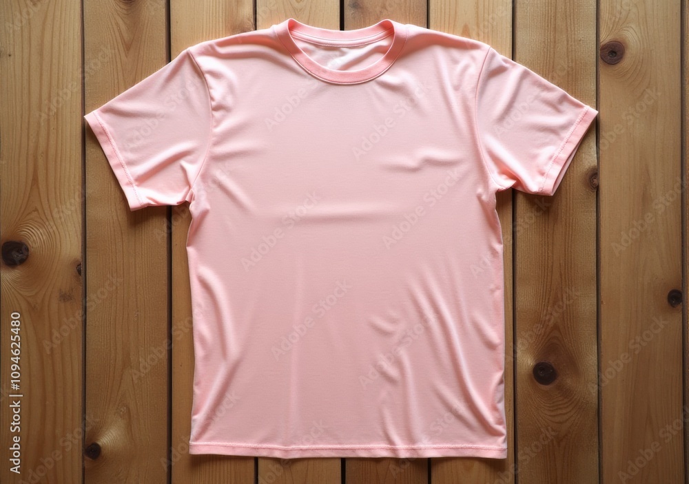 Light pink short-sleeve t-shirt displayed on wooden surface indoors showcasing simple design and casual style Light pink short-sleeve t-shirt displayed on wooden surface indoors showcasing simple design and casual style