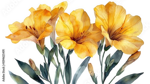 Watercolor illustration of a yellow freesia flower isolated on a transparent background.