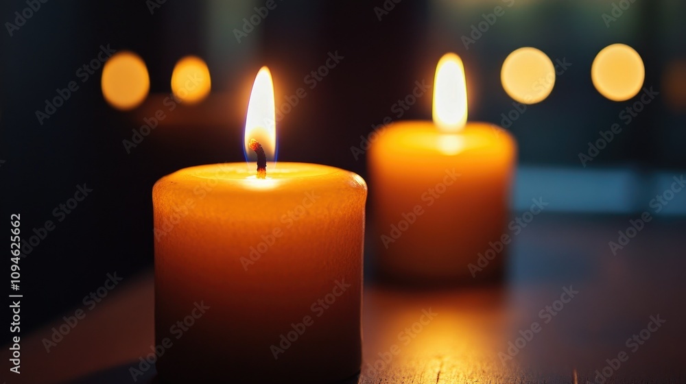 Two burning candles on a table with a bokeh background. Two burning candles on a table with a bokeh background.