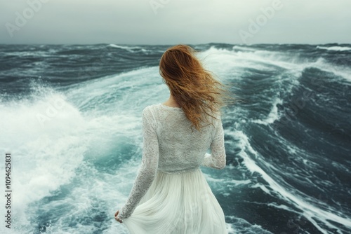 Woman in white dress stands by turbulent ocean waves on overcast day